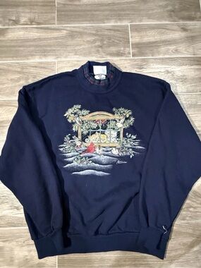 Morning Sun Women's Winter Kittens Plaid Mock Neck Vintage Sweatshirt Large 90s